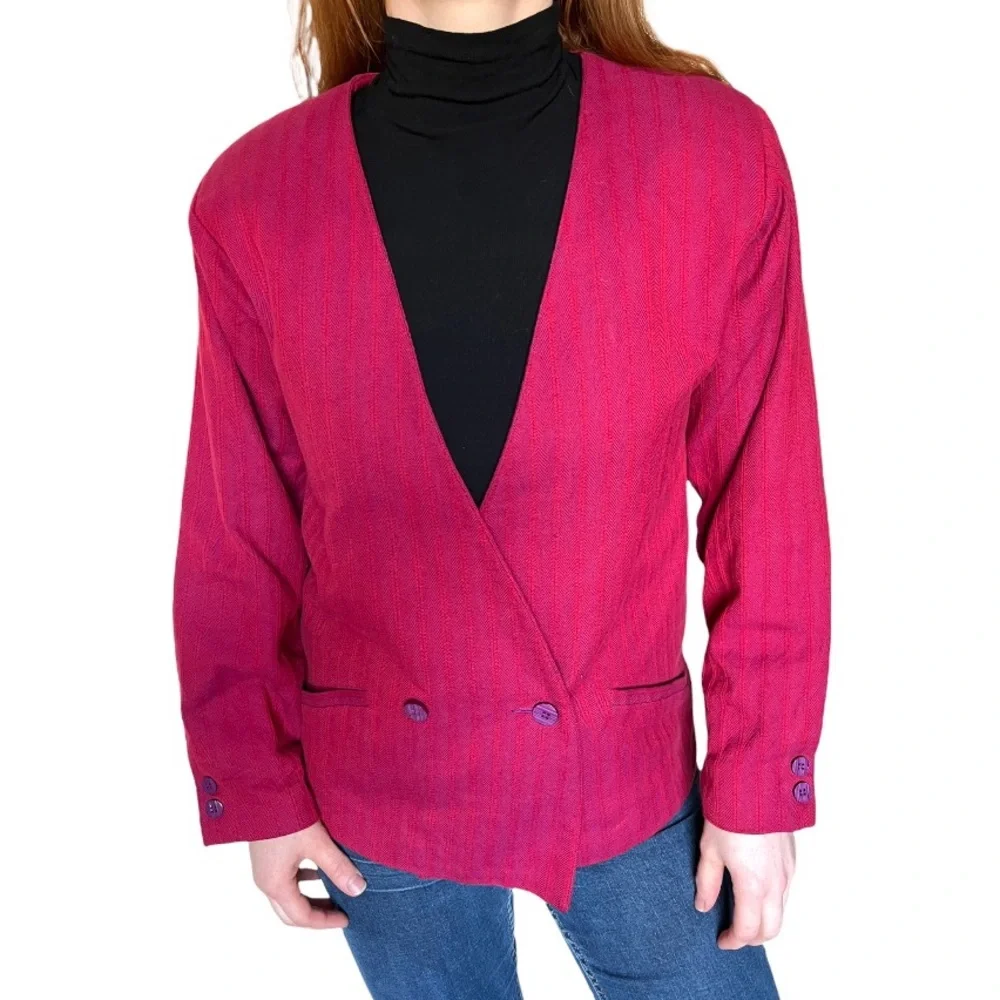 Vintage Pink Pinstripe Blazer Medium Lee Wright  collarless stripe jacket